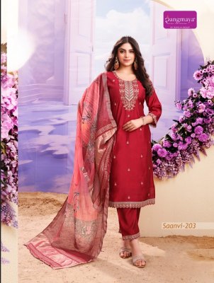 Saanvi by Rangmaya roman neck embroidered kurti pant and dupatta collection readymade suit catalogs