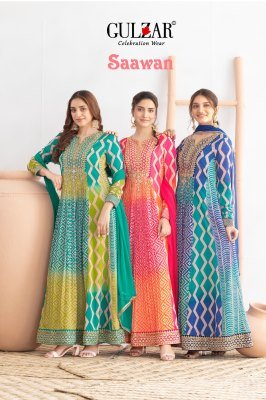 Saawan by Gulzar Long Sleeve Anarkali Premium Chinnon Dabka Dori Leheriya Print Wholesale kurti pant with dupatta Catalogs