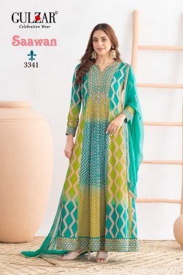 Saawan by Gulzar Long Sleeve Anarkali Premium Chinnon Dabka Dori Leheriya Print Wholesale kurti pant with dupatta Catalogs