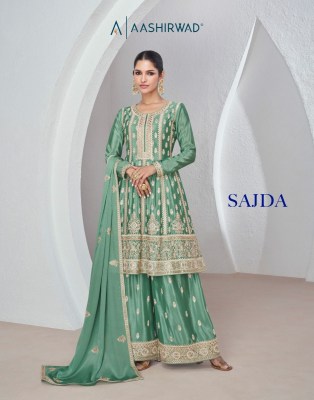 Sajda by Aashirwad Premiume Chinon Silk Embroidered Sharara Suit catalogue at Affordable rate wholesale catalogs