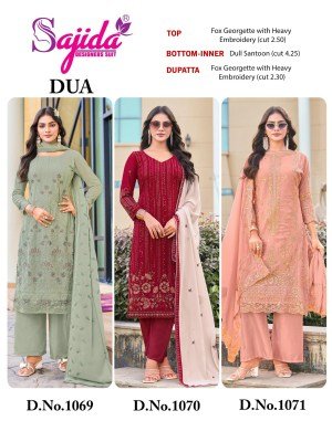 Sajida Dua D No  1069 1070 1071 Premium Georgette Unstitched Suit Heavy Embroidered Khatli Work  Fox Georgette Dupatta Wholesale dress material catalogs