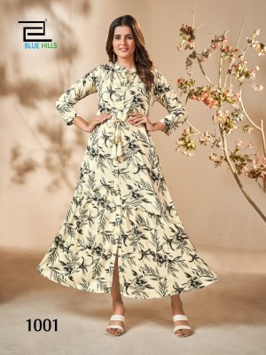 Sajni by Blue hills printed reyon flared kurti with dori belt catalogue at affordable rate kurtis catalogs