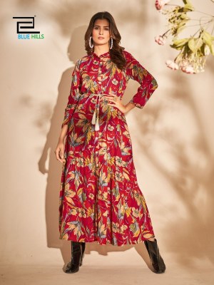 Sajni by Blue hills printed reyon flared kurti with dori belt catalogue at affordable rate kurtis catalogs