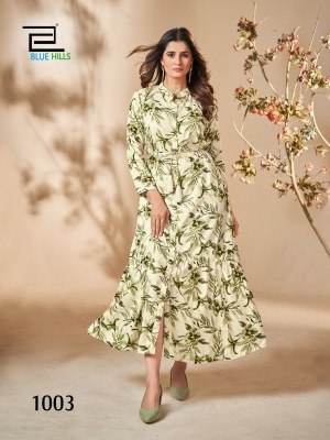 Sajni by Blue hills printed reyon flared kurti with dori belt catalogue at affordable rate kurtis catalogs