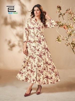 Sajni by Blue hills printed reyon flared kurti with dori belt catalogue at affordable rate kurtis catalogs