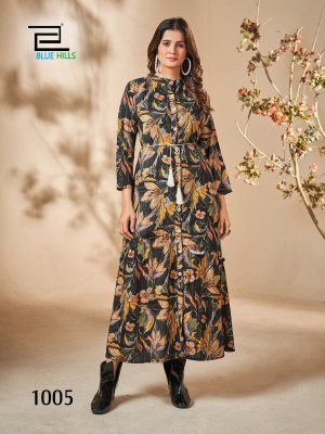 Sajni by Blue hills printed reyon flared kurti with dori belt catalogue at affordable rate kurtis catalogs