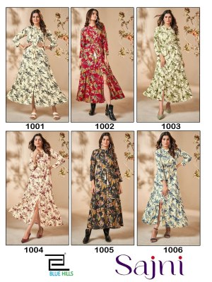 Sajni by Blue hills printed reyon flared kurti with dori belt catalogue at affordable rate kurtis catalogs