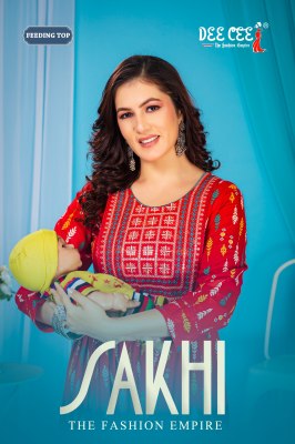 Sakhi by Deecee Flared Long Printed with neck embroidered Kurti catalogue  Dee cee