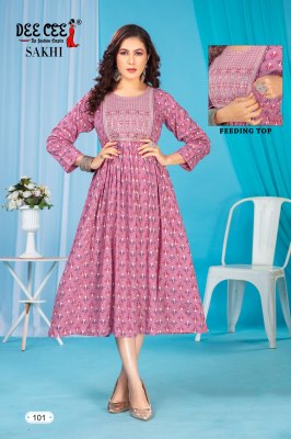 Sakhi by Deecee Flared Long Printed with neck embroidered Kurti catalogue  kurtis catalogs