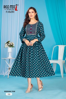 Sakhi by Deecee Flared Long Printed with neck embroidered Kurti catalogue  kurtis catalogs