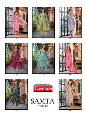 Samata Vol 3 by Taniksh Capsual foil printed nayra cut kurti pant and dupatta catalogue at amaviexpo readymade suit catalogs