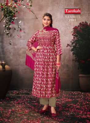 Samriti vol 2 by Taniksh peinted reyon embroidered neck readymade suit catalogue at affordable rate readymade suit catalogs