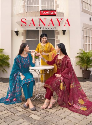 Sanaya vol 1 by Taniksh Fancy neck embroidered kurta with bottom and digital printed dupatta catalogue at affordable rate  