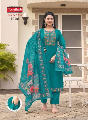 Sanaya vol 1 by Taniksh Fancy neck embroidered kurta with bottom and digital printed dupatta catalogue at affordable rate  readymade suit catalogs