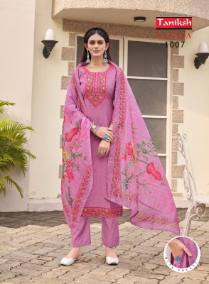 Sanaya vol 1 by Taniksh Fancy neck embroidered kurta with bottom and digital printed dupatta catalogue at affordable rate  readymade suit catalogs