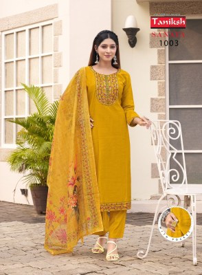 Sanaya vol 1 by Taniksh Fancy neck embroidered kurta with bottom and digital printed dupatta catalogue at affordable rate  readymade suit catalogs