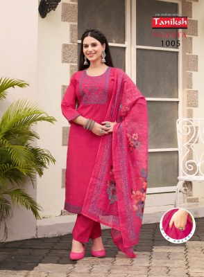 Sanaya vol 1 by Taniksh Fancy neck embroidered kurta with bottom and digital printed dupatta catalogue at affordable rate  readymade suit catalogs