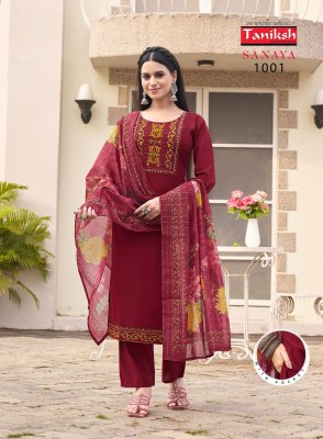 Sanaya vol 1 by Taniksh Fancy neck embroidered kurta with bottom and digital printed dupatta catalogue at affordable rate  readymade suit catalogs