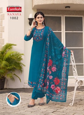 Sanaya vol 1 by Taniksh Fancy neck embroidered kurta with bottom and digital printed dupatta catalogue at affordable rate  readymade suit catalogs