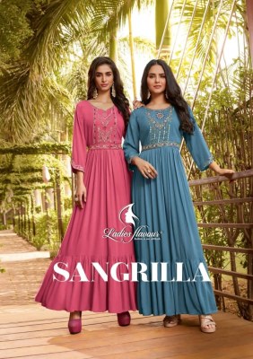 Sangrilla by Ladies Flavour Hevay Rayon Rinkle With Embroider and Hand work With Belt catalog at wholesale price Ladies Flavour