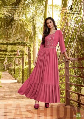 Sangrilla by Ladies Flavour Hevay Rayon Rinkle With Embroider and Hand work With Belt catalog at wholesale price gown catalogs