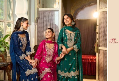 Sanika Fashion Monica Catalog Premium Chinon Silk Heavy Embroidered Set Wholesale Ethnic Wear readymade suit catalogs