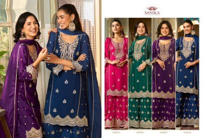 Sanika Fashion Monica Catalog Premium Chinon Silk Heavy Embroidered Set Wholesale Ethnic Wear readymade suit catalogs