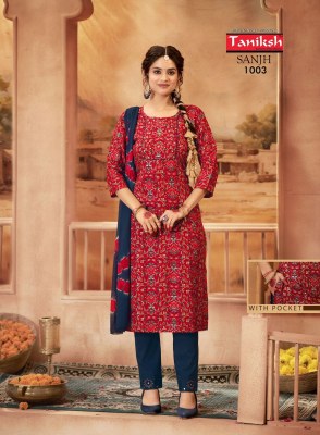 Sanjh vol 1 by Taniksh reyon lycra foil printed readymade suit catalogue at affordable rate Taniksh