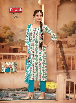 Sanjh vol 1 by Taniksh reyon lycra foil printed readymade suit catalogue at affordable rate readymade suit catalogs