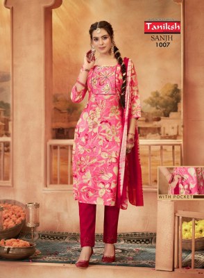 Sanjh vol 1 by Taniksh reyon lycra foil printed readymade suit catalogue at affordable rate readymade suit catalogs