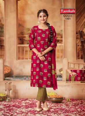 Sanjh vol 1 by Taniksh reyon lycra foil printed readymade suit catalogue at affordable rate readymade suit catalogs