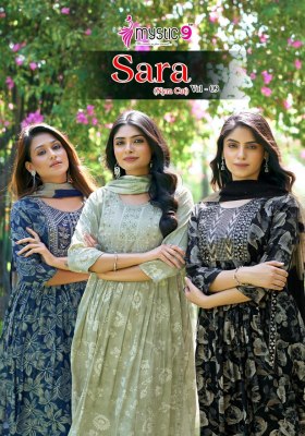 Sara vol 9 by Mystic 9 premium reyon fancy foil printed readymade suit catalogue at affordable rate 