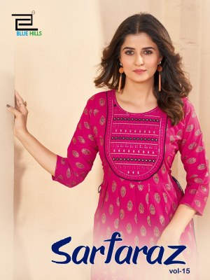 Sarfaraz vol 15 by blue hills neck embroidered rayon printed flair kurti catalogue at low rate Blue hills Kurti 