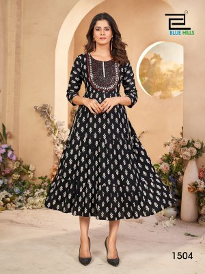 Sarfaraz vol 15 by blue hills neck embroidered rayon printed flair kurti catalogue at low rate kurtis catalogs