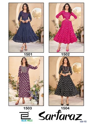 Sarfaraz vol 15 by blue hills neck embroidered rayon printed flair kurti catalogue at low rate kurtis catalogs