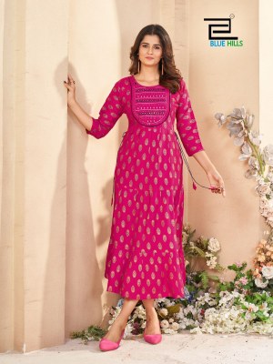 Sarfaraz vol 15 by blue hills neck embroidered rayon printed flair kurti catalogue at low rate kurtis catalogs