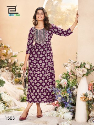 Sarfaraz vol 15 by blue hills neck embroidered rayon printed flair kurti catalogue at low rate kurtis catalogs