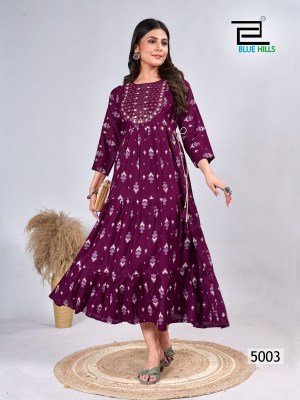 Sarfaraz vol 5 by Blue hills reyon printed flared long kurti catalogue at low rate kurtis catalogs