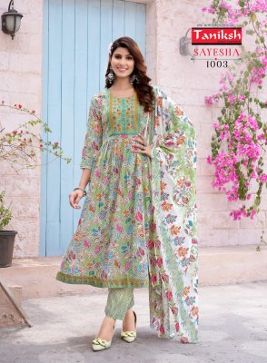 Sayesha vol 1 by Taniksh cambric cotton printed kurti pant and dupatta catalogue at affordable rate readymade suit catalogs