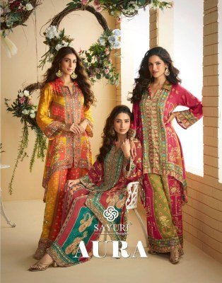 Sayuri Designer Aura Fabric Real Premium Digital Crepe Silk with Mirror Work Cord Set Wholesale co ord set catalogs