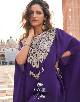 Sayuri Designer Avika Catalog Premium French Crepe Silk 3 Piece Set Suit Wholesale readymade suit catalogs