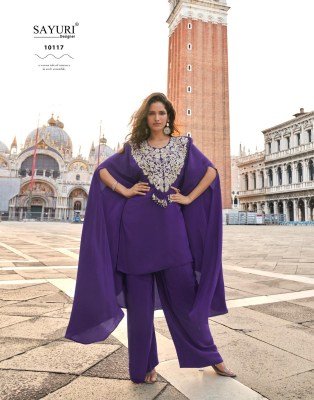 Sayuri Designer Avika Catalog Premium French Crepe Silk 3 Piece Set Suit Wholesale readymade suit catalogs