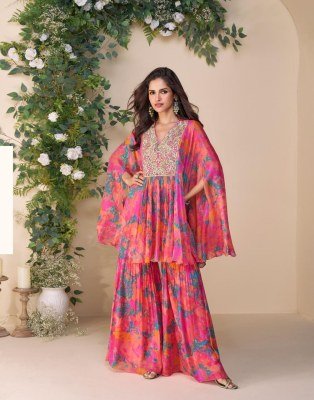 Sayuri Designer Classic Premium Chinon Silk Embroidered Poncho Top with Plazzo Wholesale kurtis catalogs