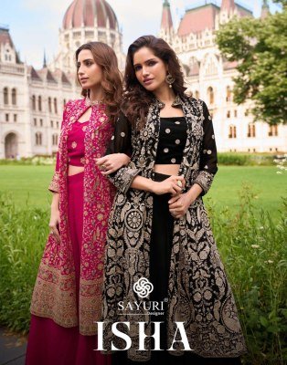 Sayuri Designer Isha Premium Georgette Shrug Set Heavy Embroidery And Bead Work, Matching Blouse And Palazzo Wholesale wholesale catalogs