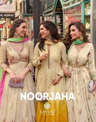 Sayuri Designer Noorjaha Embroidered Silk Readymade Anarkali Gown Suits Wholesale  gown catalogs