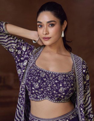 Sayuri Designer Silky Fabric Set Premium Chinon Silk And Georgette Embroidered Short Jacket with Mirror Work  Palazzo And Embroidered Blouse Wholesale fancy sharara suit Catalogs