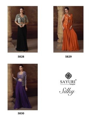 Sayuri Designer Silky Fabric Set Premium Chinon Silk And Georgette Embroidered Short Jacket with Mirror Work  Palazzo And Embroidered Blouse Wholesale fancy sharara suit Catalogs