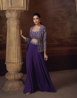 Sayuri Designer Silky Fabric Set Premium Chinon Silk And Georgette Embroidered Short Jacket with Mirror Work  Palazzo And Embroidered Blouse Wholesale fancy sharara suit Catalogs