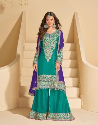 Sayuri Designer Sundari Chinon Silk Sharara Set  Embroidered Mirror Work Suit with Dupatta And Wholsale readymade suit catalogs