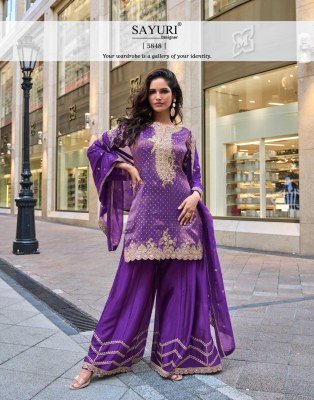 Sayuri Designer Swati Kurti Catalog Pure Viscos Simar Jacquard Silk Embroidered Top with Plazzo Sharara And Dupatta Wholesale kurtis catalogs